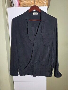 L'agence sheer long sleeve silk faux wrap blouse shirt top black small